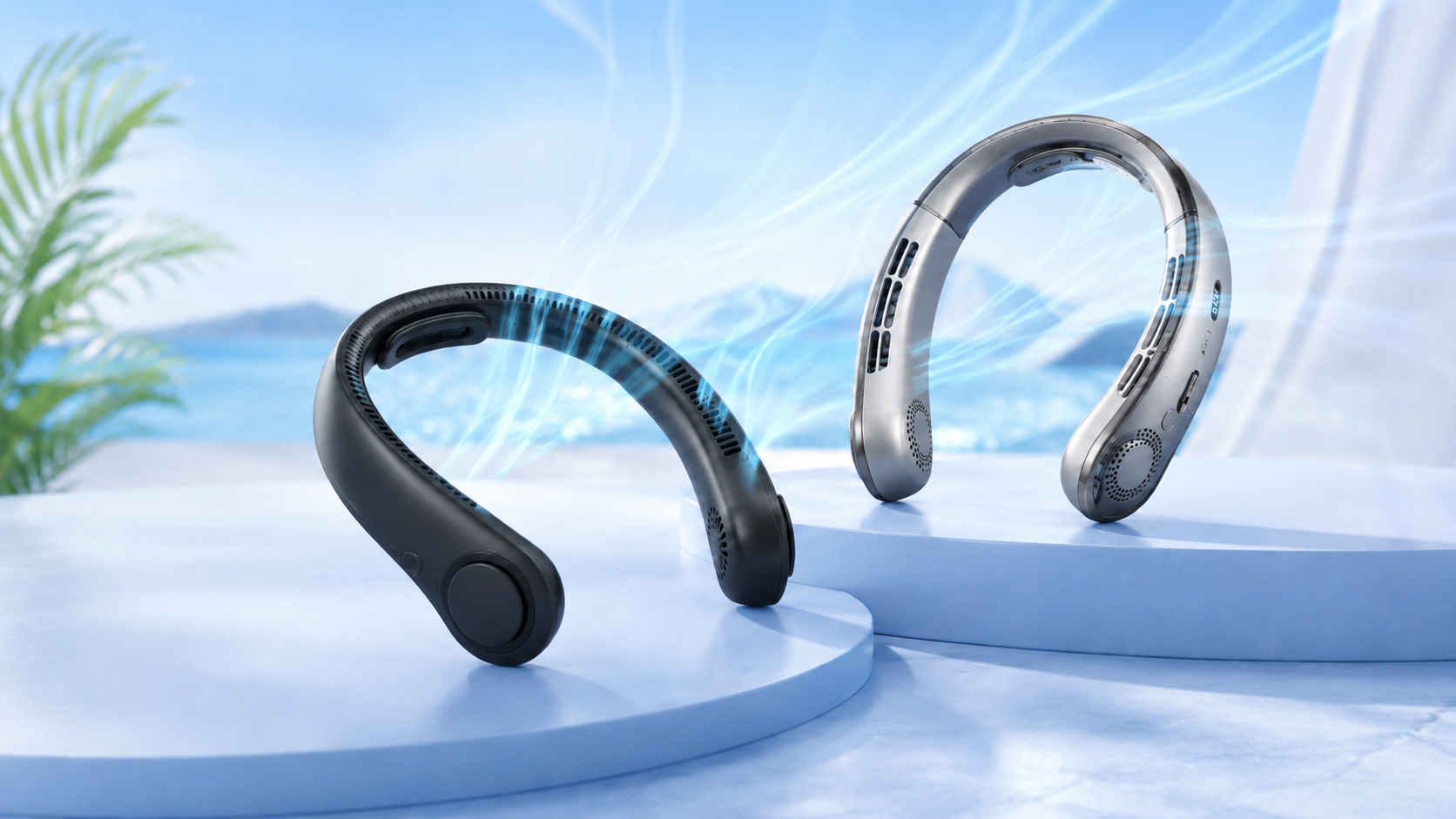 CoolNeck Pro noir et CoolNeck Standard gris avec flux d'air frais